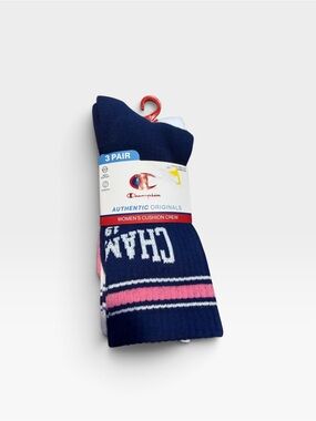 Champion Women's Cushion Crew Socks - Navy with Pink & White - 3 Pack
